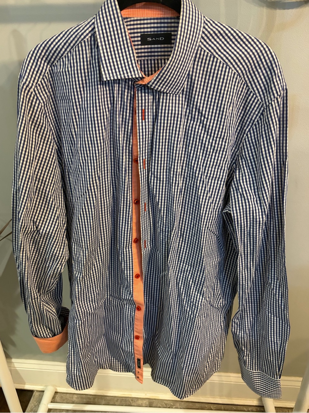 SAND Men's Blue Gingham Button-Down Shirt with Orange Contrast Trim size 42/16.5